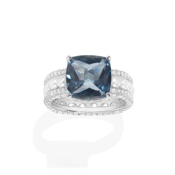 Blue Square Ring with Pearls APM Monaco