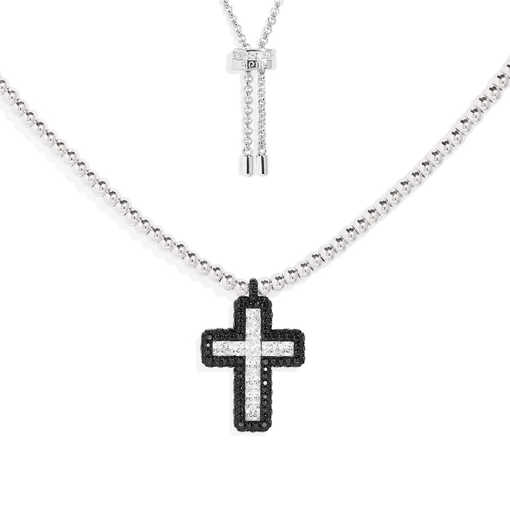 Black Pavé Cross Adjustable Necklace with Beads - APM Monaco