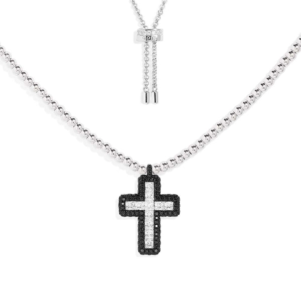 Black Pav Cross Adjustable Necklace with Beads APM Monaco