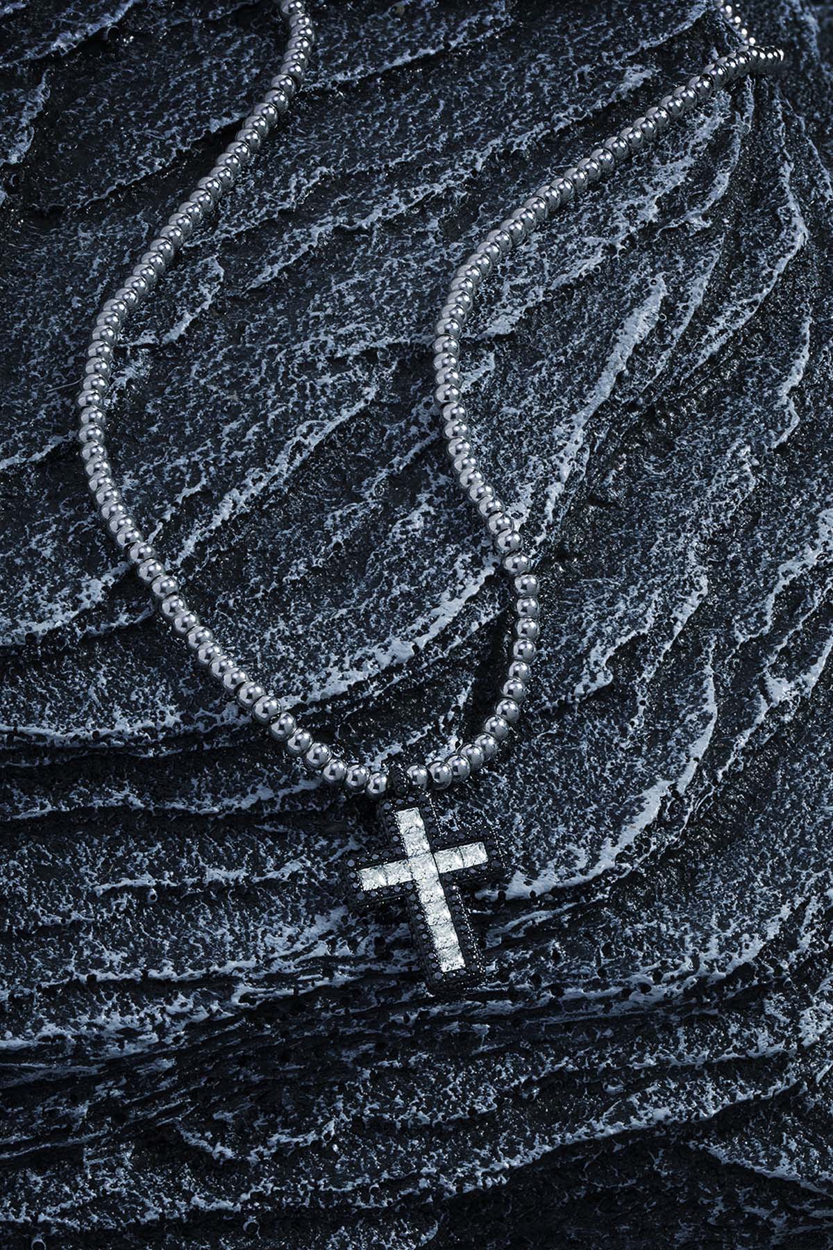 APM Monaco Black Pave Cross Adjustable Necklace With Beads in Silver