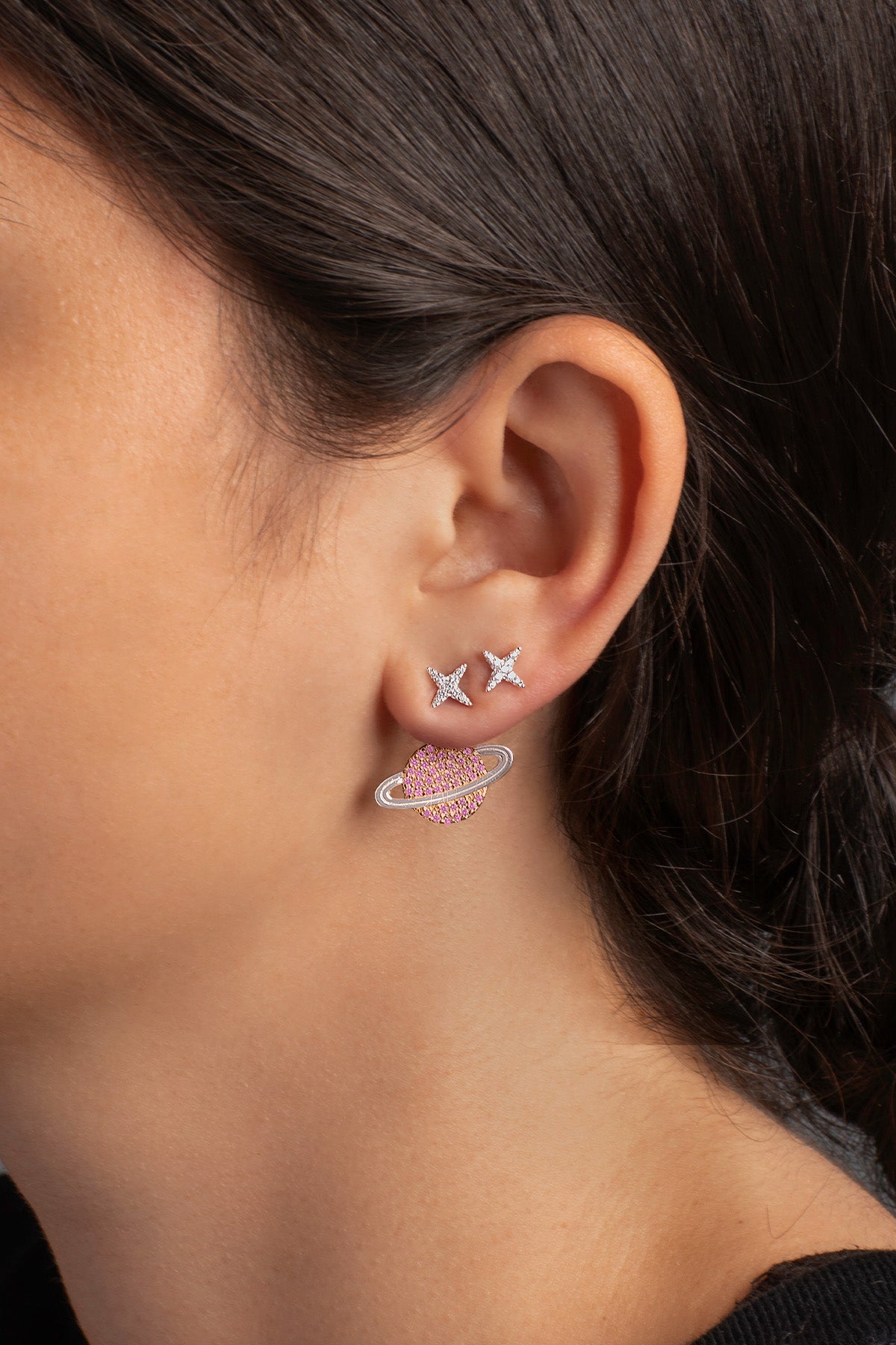 APM Monaco Asymmetric Pink Planet Earrings in Silver