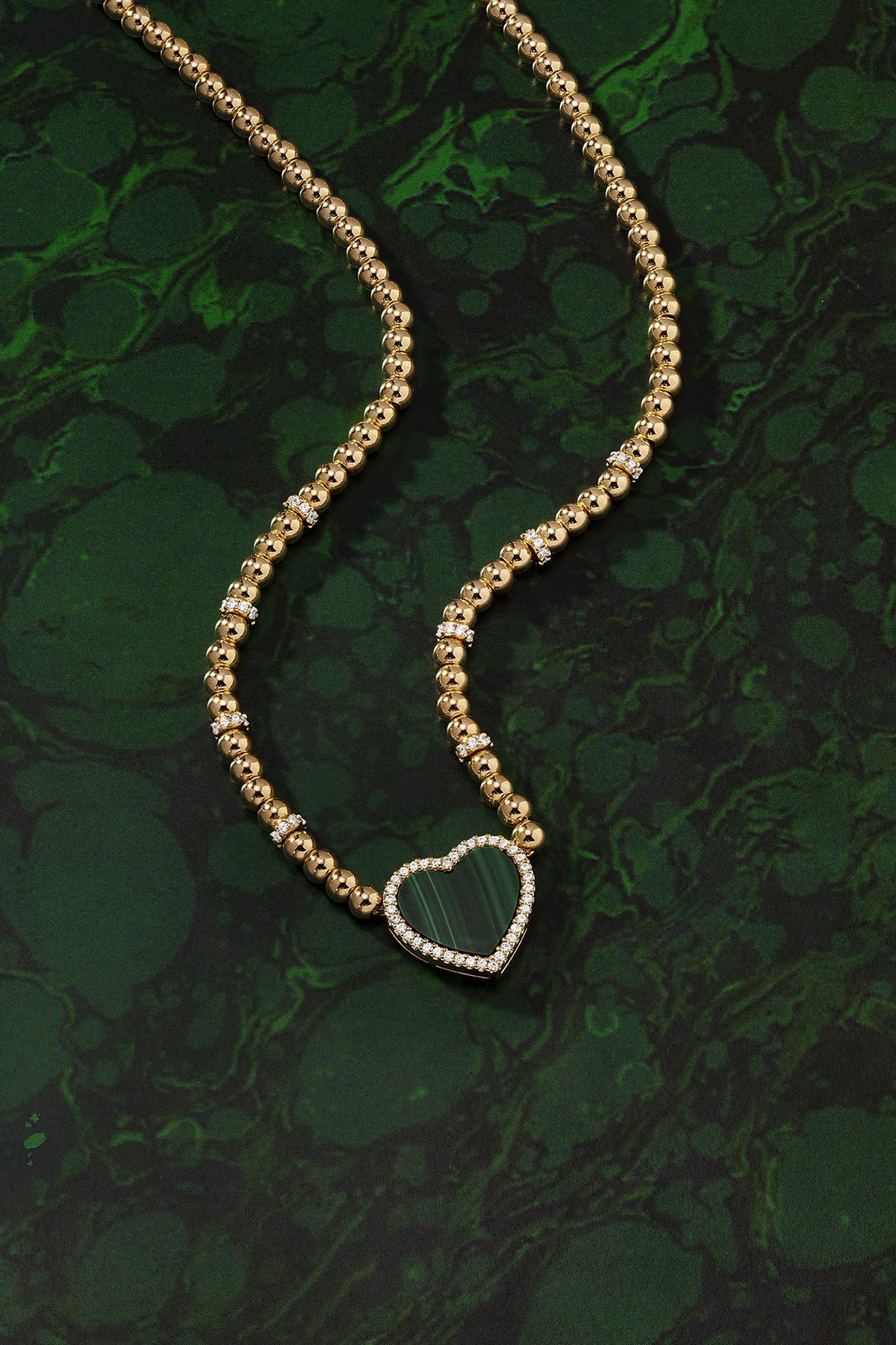 APM Monaco Malachite Heart Adjustable Necklace With Beads in Yellow Gold