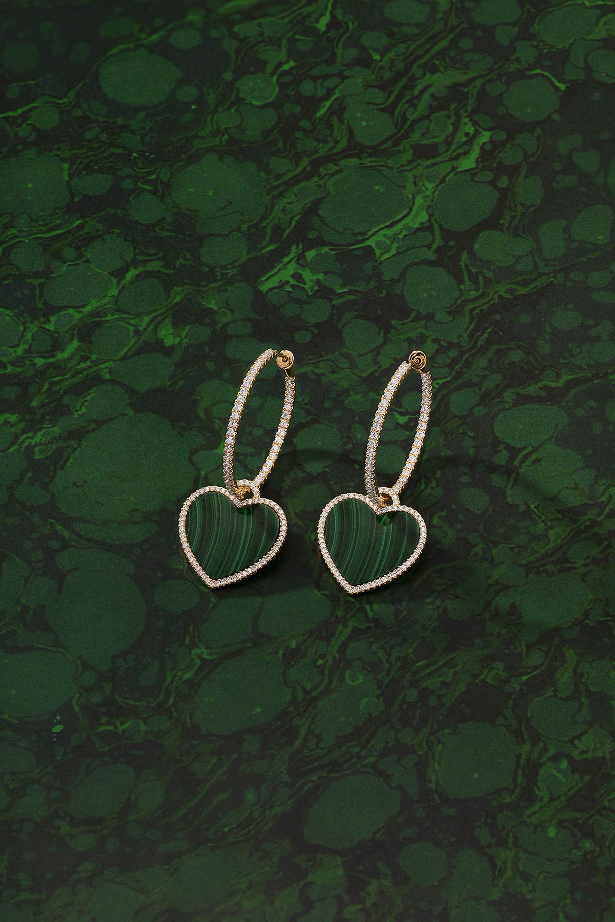 APM Monaco Pave Hoop Earrings With Malachite Heart in Yellow Gold