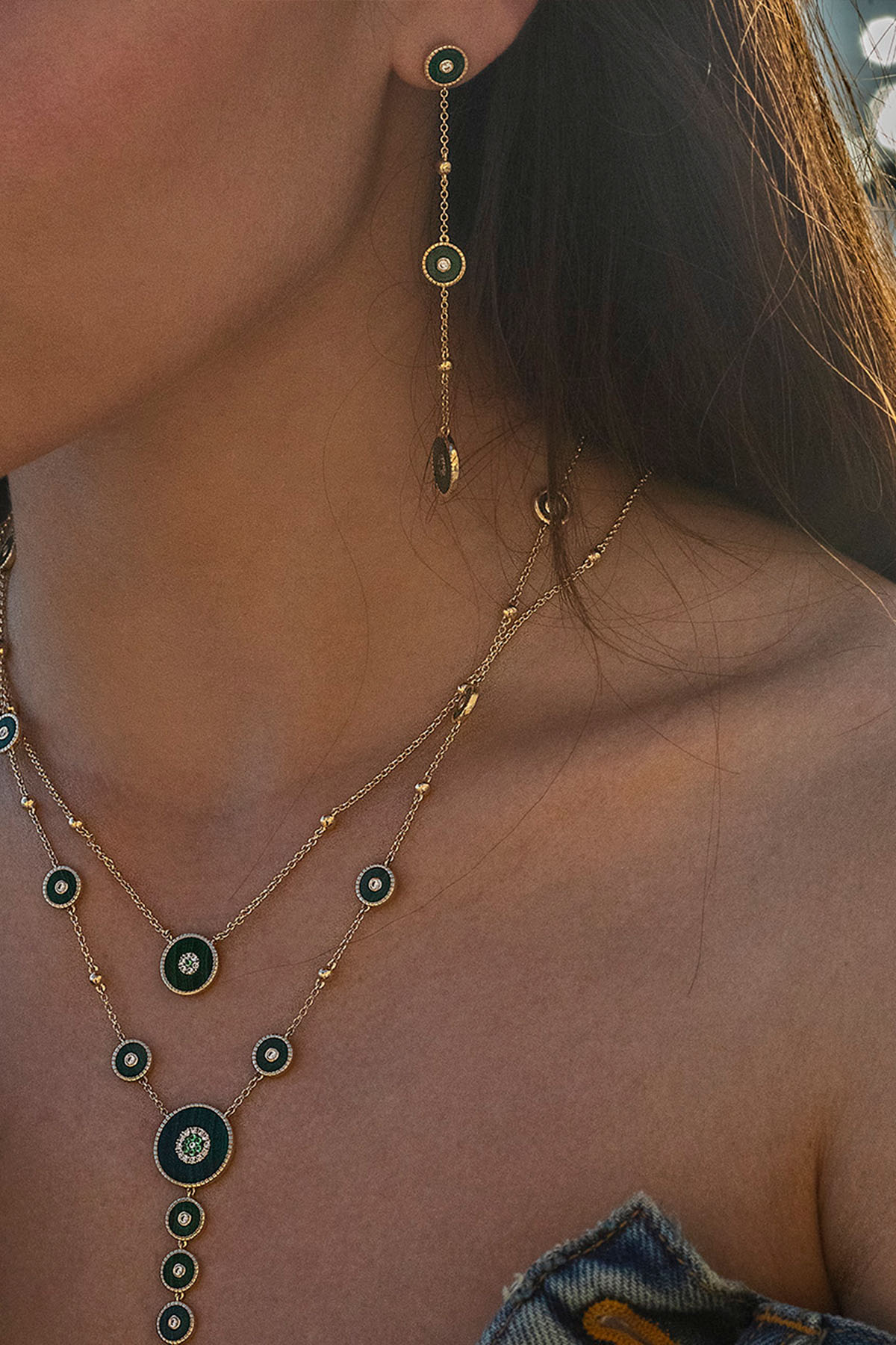 APM Monaco Long Malachite Chain Earrings in Yellow Gold